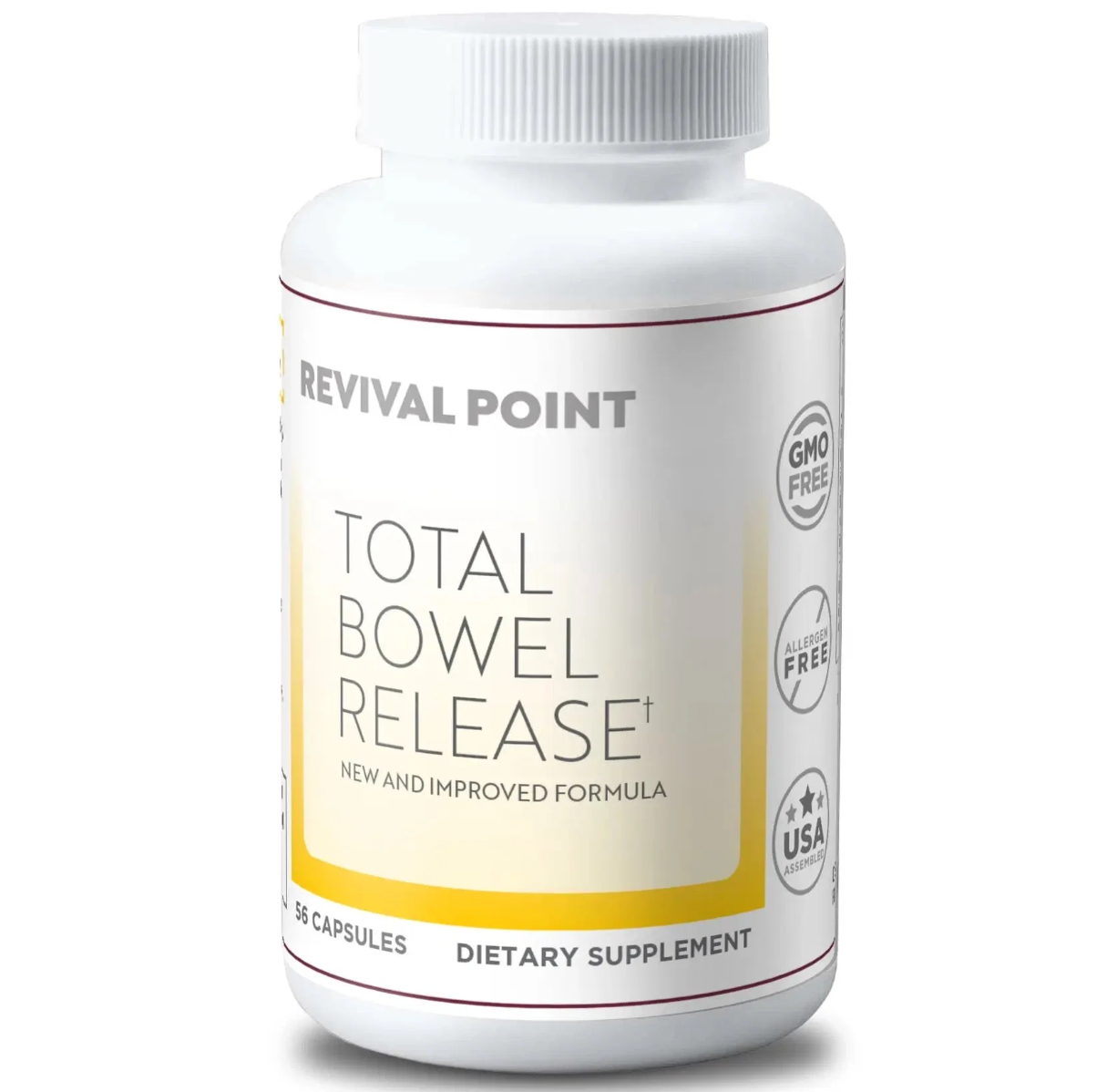 Revival Point Total Bowel Release dietary supplement bottle, 56 capsules
