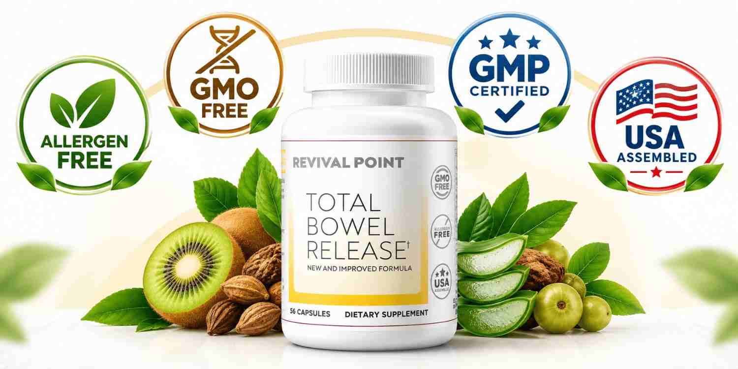 Supplied Total Bowel Release promotional artwork showing the bottle and unverified manufacturing and label claims