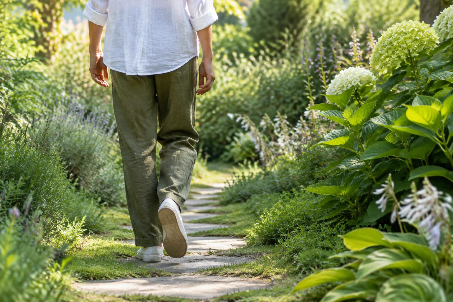A gentle walk along a green garden path illustrating everyday physical activity