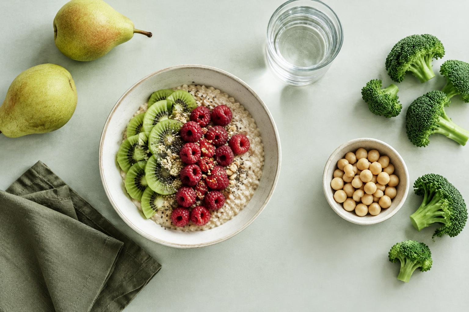 Oatmeal, kiwi, raspberries, pears, chickpeas, broccoli and a glass of water illustrating fiber-rich food choices
